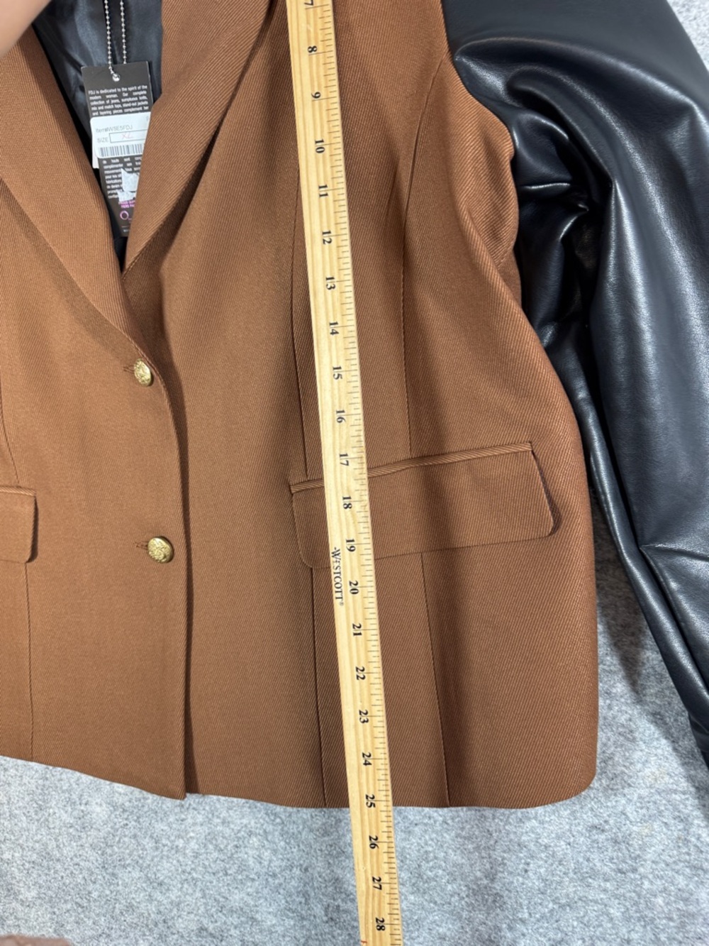 FDJ Brown Wool Blend Varsity Jacket Black Faux Leather Sleeves Preppy Chic XL - Picture 10 of 16